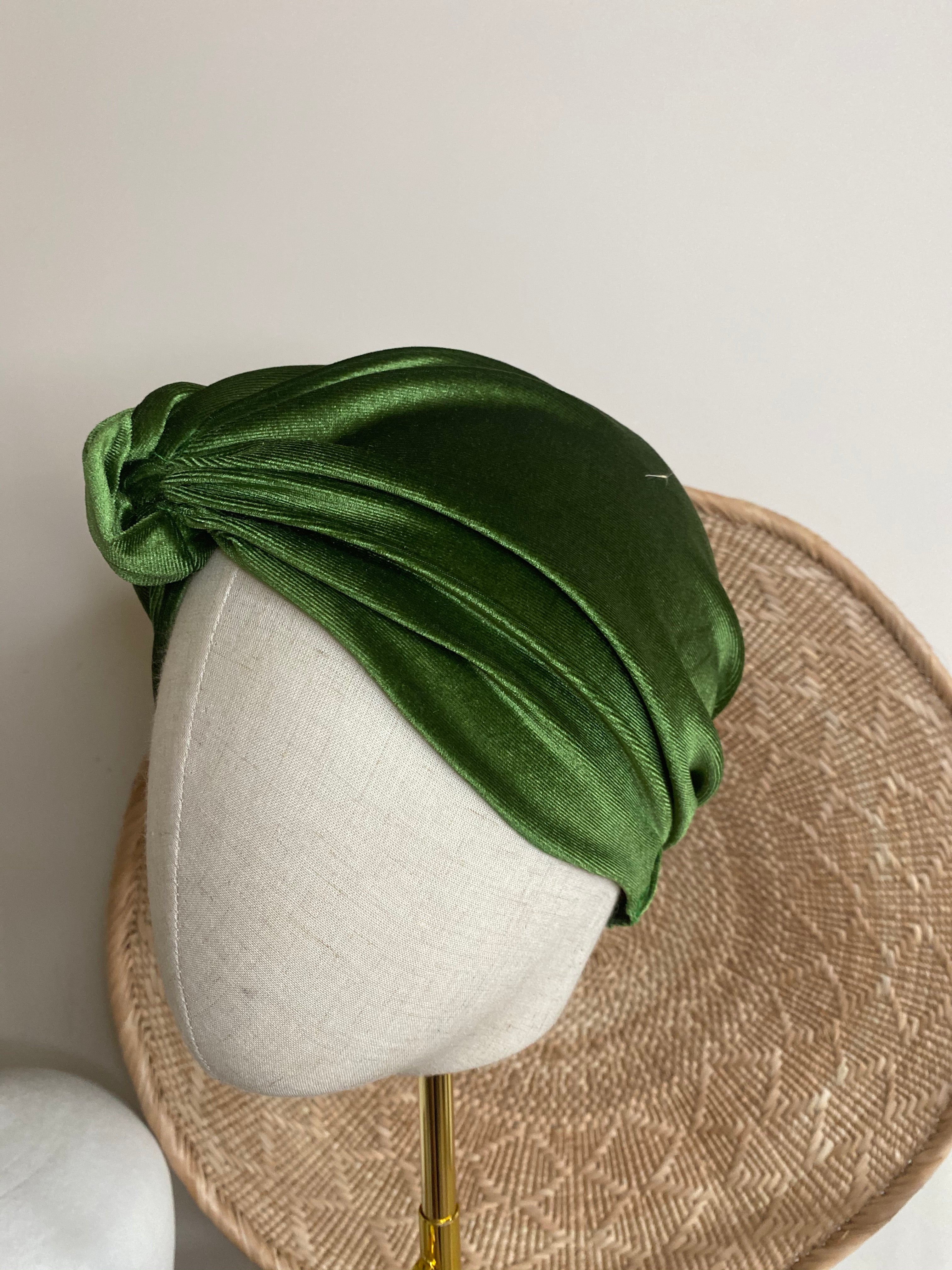 Pleated Velvet Turban in Olive Green