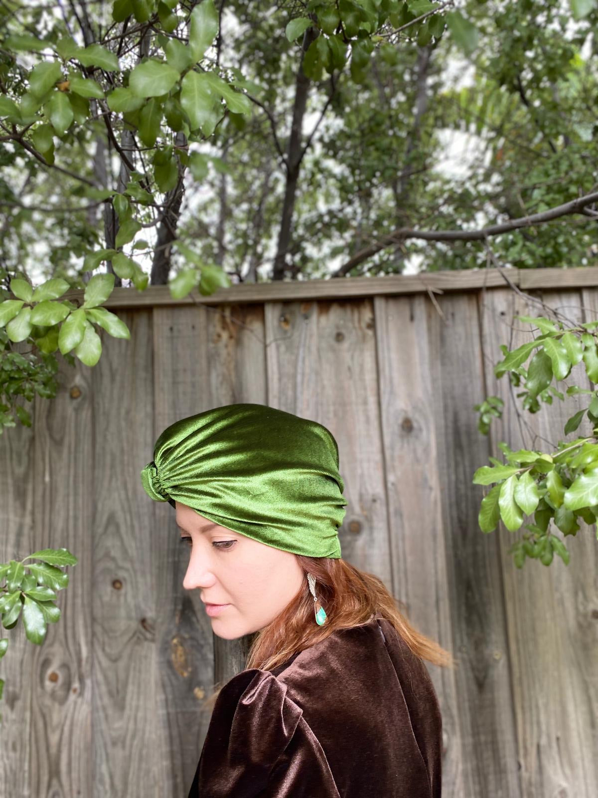 Pleated Velvet Turban in Olive Green