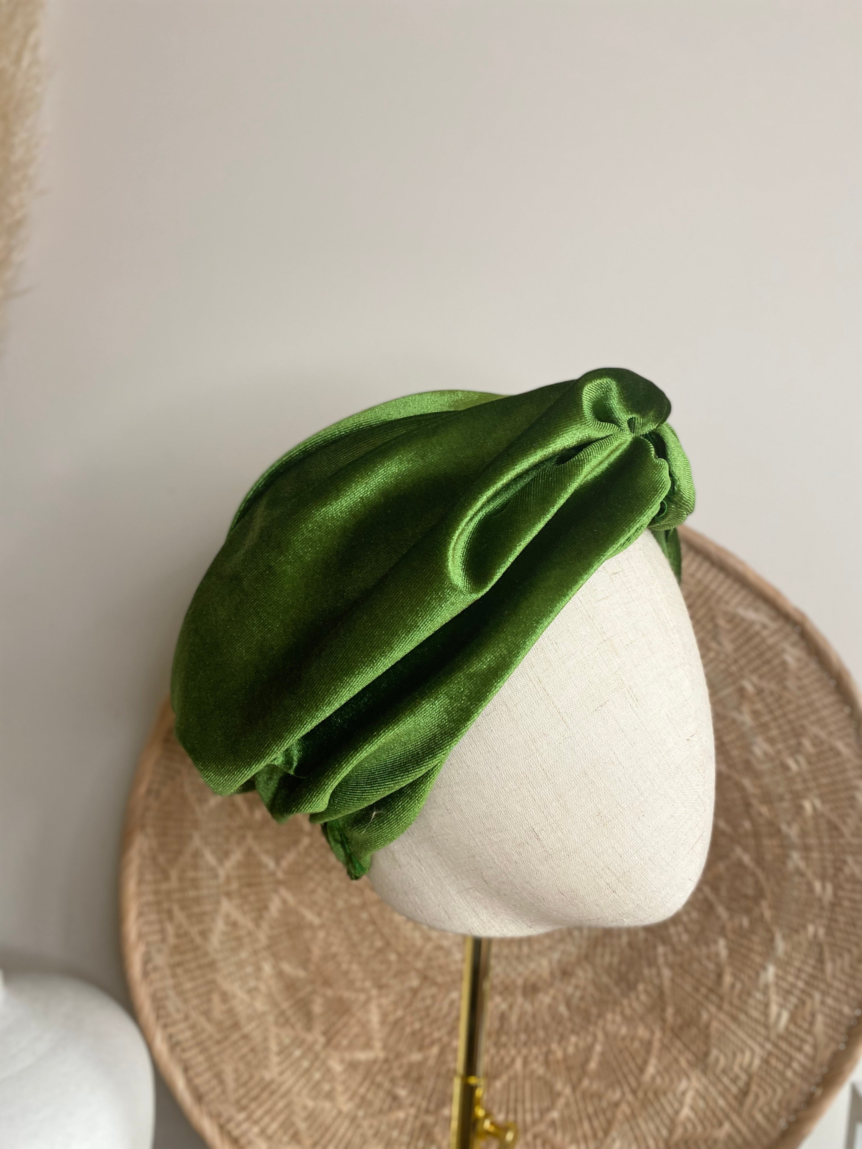 Pleated Velvet Turban in Olive Green