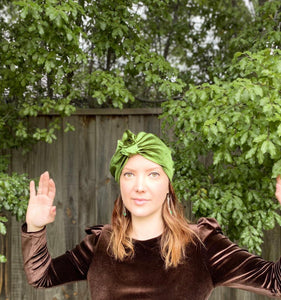 Pleated Velvet Turban in Olive Green