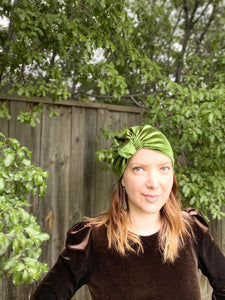 Pleated Velvet Turban in Olive Green